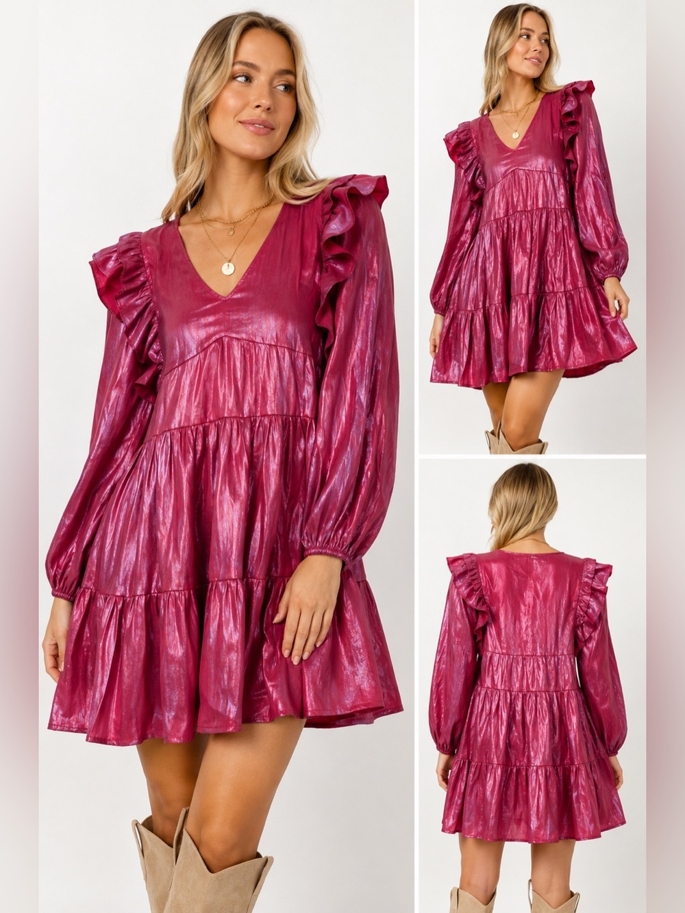Umgee NWT Iridescent Metallic Ruffle Tiered Mini Dress S